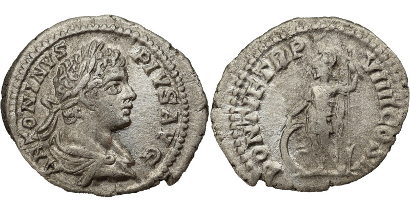 Caracalla AR Denarius, 206 AD. Obv: ANTONINVS PIVS AVG: Bust of Caracalla, laure...