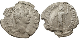Caracalla AR Denarius, 206 AD. Obv: ANTONINVS PIVS AVG: Head of Caracalla, laureate, right. Rev: PONTIF TR P VIIII COS II: Mars, helmeted, in military...