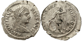 Caracalla AR Denarius, 206 AD. Obv: ANTONINVS PIVS AVG: Head of Caracalla, laureate, right. Rev: PONTIF TR P VIIII COS II: Mars, helmeted, in military...