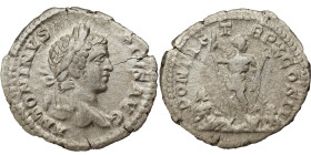 Caracalla AR Denarius, 207 AD. Obv: ANTONINVS PIVS AVG: Head of Caracalla, laureate, right. Rev: PONTIF TR P X COS II: Caracalla, in military attire, ...