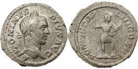 Caracalla AR Denarius, 210 AD. Obv: ANTONINVS PIVS AVG: Head of Caracalla, laureate, bearded, right. Rev: PONTIF TR P XIII COS III: Virtus, helmeted, ...