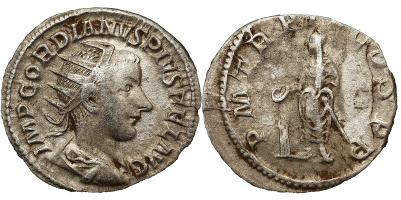 Gordianus III Antoninianus 240 AD. Obv: P M TR P III COS P P: Gordian III, veile...