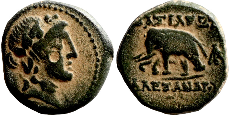 Alexander I Balas, 152-145 BC., Antioch on the Orontes. Head of young Dionysus r...