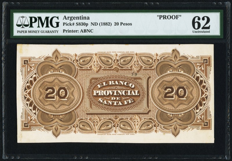 Argentina Provincia De Santa Fe 20 Pesos ND (1882) Pick S830p Proof PMG Uncircul...