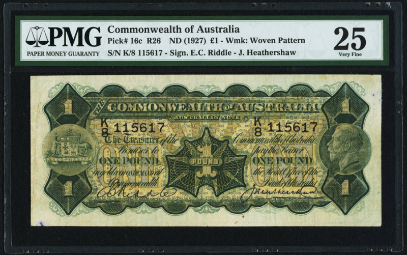 Australia Commonwealth of Australia 1 Pound ND (1927) Pick 16c PMG Very Fine 25....