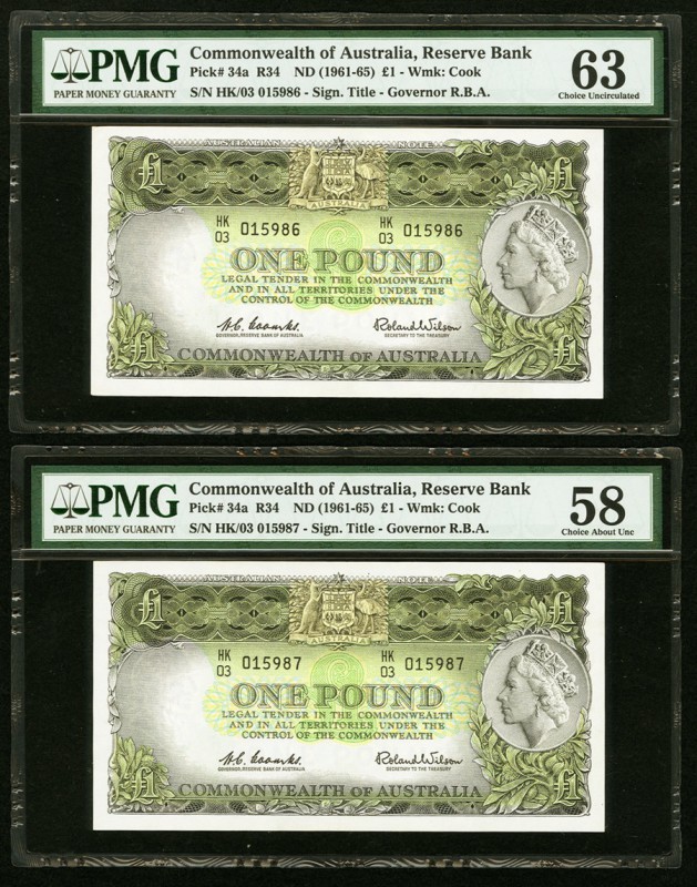 Australia Commonwealth of Australia 1 Pound ND (1961-65) Pick 34a Two Consecutiv...