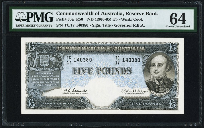 Australia Commonwealth of Australia 5 Pounds ND (1960-65) Pick 35a PMG Choice Un...