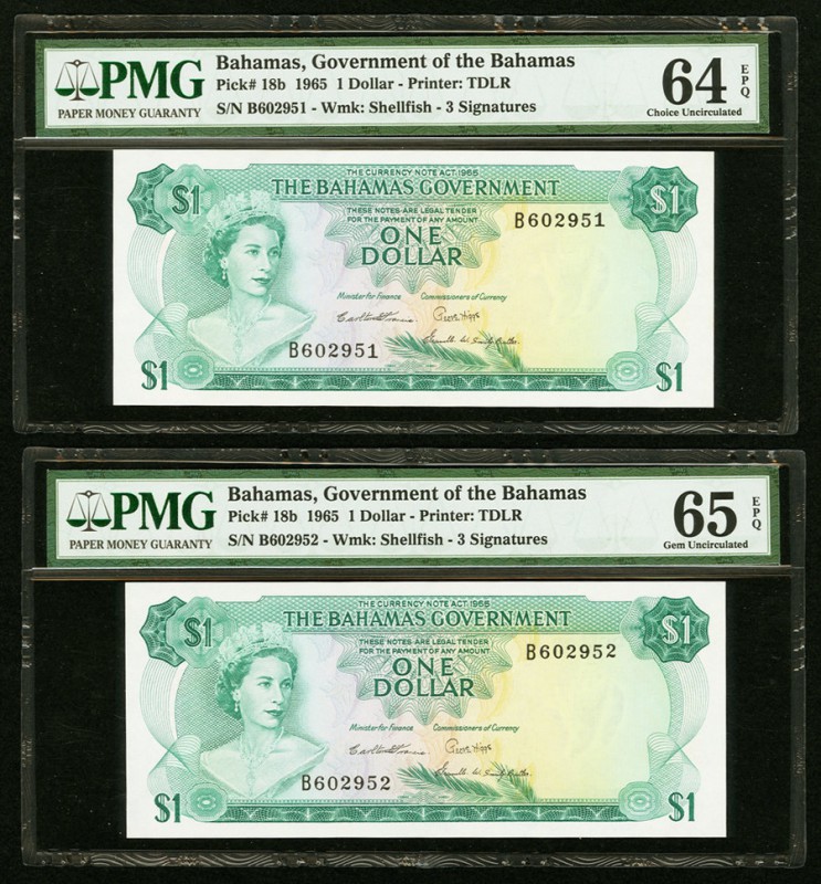 Bahamas Bahamas Government 1 Dollar 1965 Pick 18b Two Consecutive Examples PMG C...