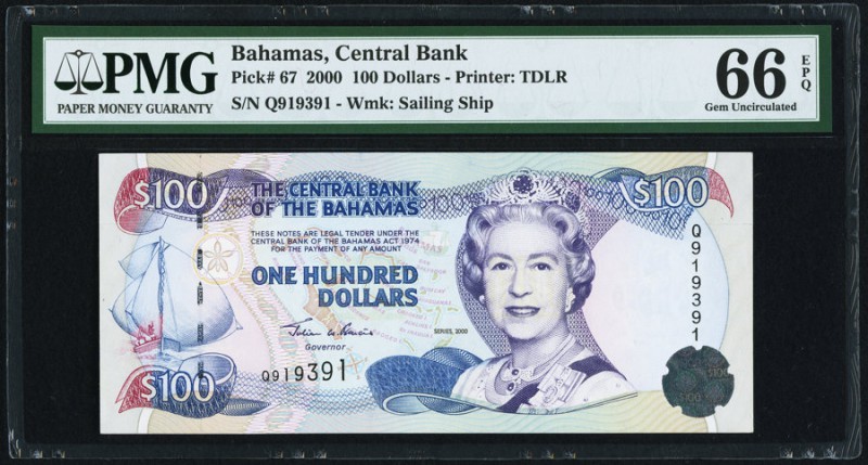 Bahamas Central Bank of the Bahamas 100 Dollars 2000 Pick 67 PMG Gem Uncirculate...