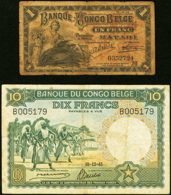 Belgian Congo Banque du Congo Belge 1; 10 Francs 15.10.1914; 10.12.1941 Pick 3B;...