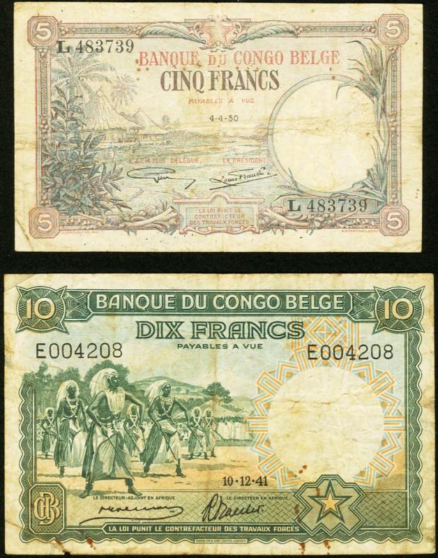 Belgian Congo Banque du Congo Belge 5; 10 Francs 4.4.1930; 10.12.1941 Pick 8c; 1...