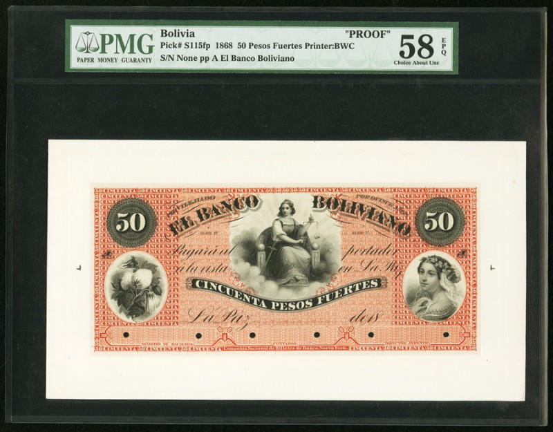 Bolivia Banco Boliviano 50 Pesos 1868 Pick S115fp Front Proof PMG Choice About U...