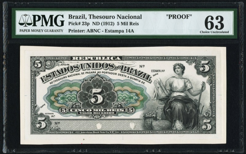 Brazil Thesouro Nacional 5 Mil Reis ND (1912) Pick 23p Proof PMG Choice Uncircul...