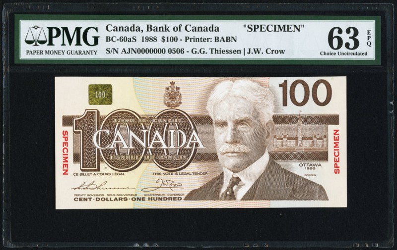Canada Bank of Canada 100 Dollars 1988 BC-60aS Specimen PMG Choice Uncirculated ...