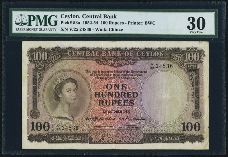 Ceylon Central Bank of Ceylon 100 Rupees 16.10.1954 Pick 53a PMG Very Fine 30. 
...