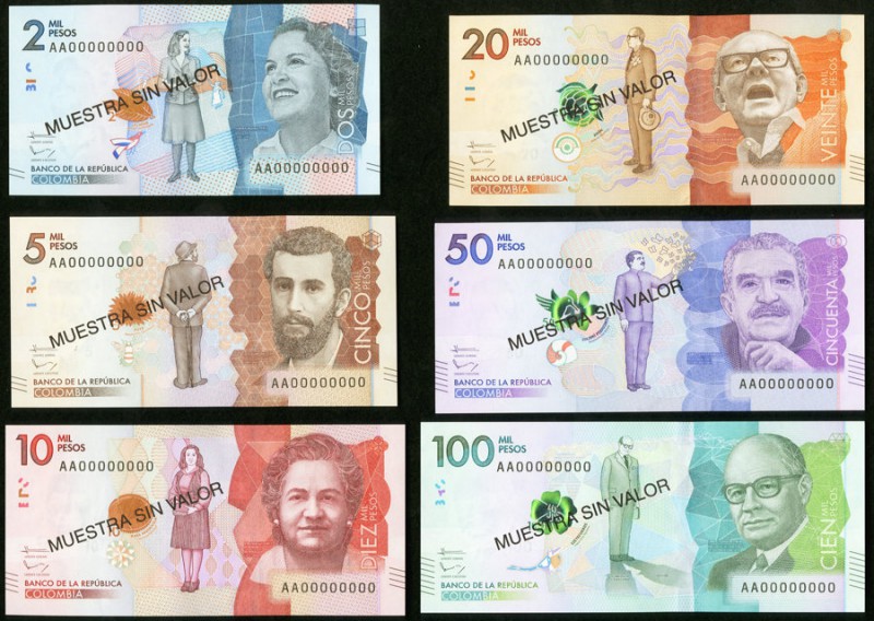 Colombia Banco de la Republica 2; 5; 10; 20; 50; 100 Mil Pesos 2014-15 Pick 458s...
