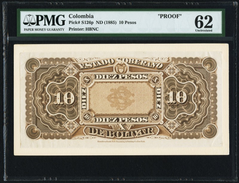 Colombia Estado Soberano de Bolivar 10 Pesos ND (1885) Pick S126p Proof PMG Unci...