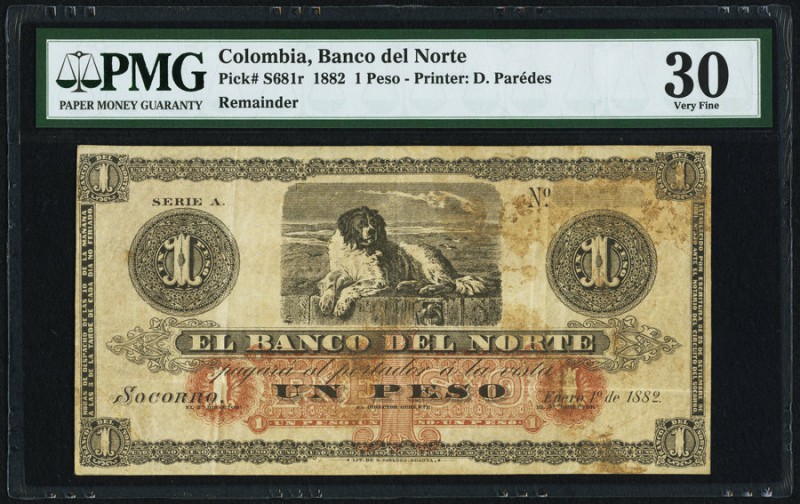 Colombia Banco del Norte 1 Peso 1882 Pick S681r Remainder PMG Very Fine 30. Stai...