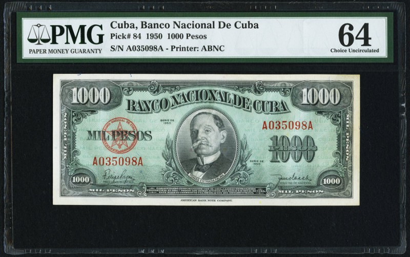 Cuba Banco Nacional de Cuba 1000 Pesos 1950 Pick 84 PMG Choice Uncirculated 64. ...