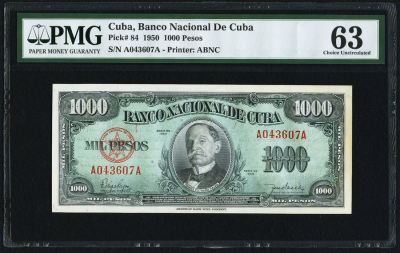 Cuba Banco Nacional de Cuba 1000 Pesos 1950 Pick 84 PMG Choice Uncirculated 63. ...