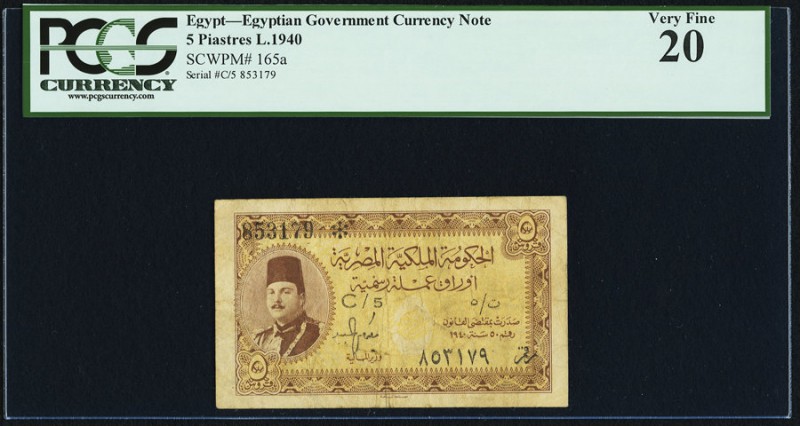 Egypt Egyptian Government 5 Piastres 1940 Pick 165a PCGS Very Fine 20. 

HID0980...
