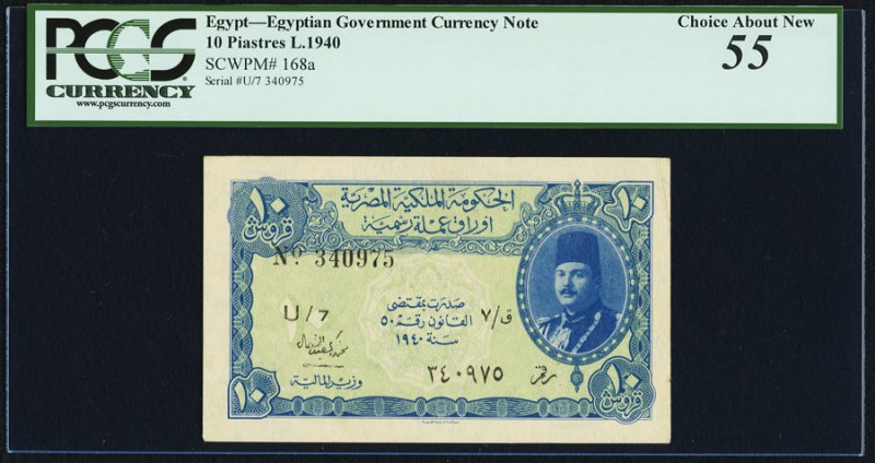 Egypt Egyptian Government 10 Piastres 1940 Pick 168a PCGS Choice About New 55. S...