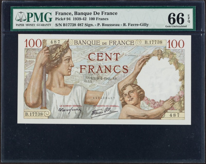 France Banque de France 100 Francs 9.1.1941 Pick 94 PMG Gem Uncirculated 66 EPQ....