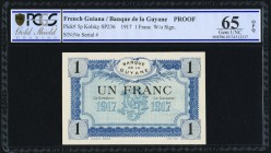 French Guiana Banque de la Guyane 1 Franc 1917 Pick 5r Remainder PCGS Gold Shield Gem Unc 65OPQ. PCGS misattributes this example as a Proof.

HID09801...