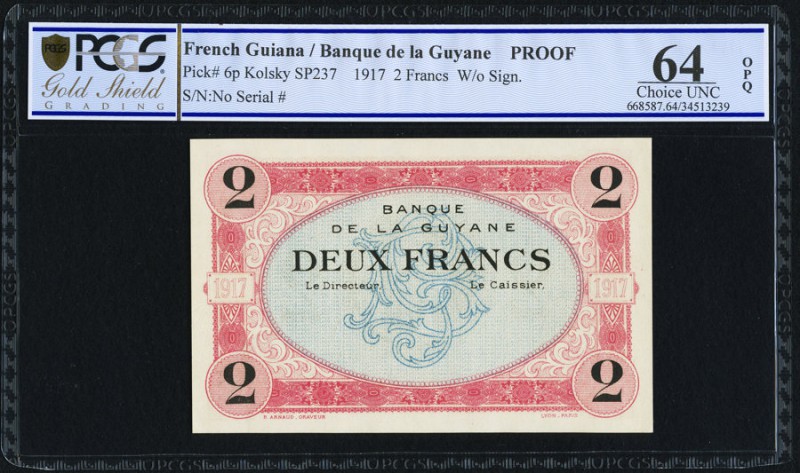 French Guiana Banque de la Guyane 2 Francs 1917 Pick 6r Remainder PCGS Gold Shie...