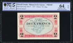 French Guiana Banque de la Guyane 2 Francs 1917 Pick 6r Remainder PCGS Gold Shield Choice UNC 64OPQ. PCGS misattributes as a Proof.

HID09801242017