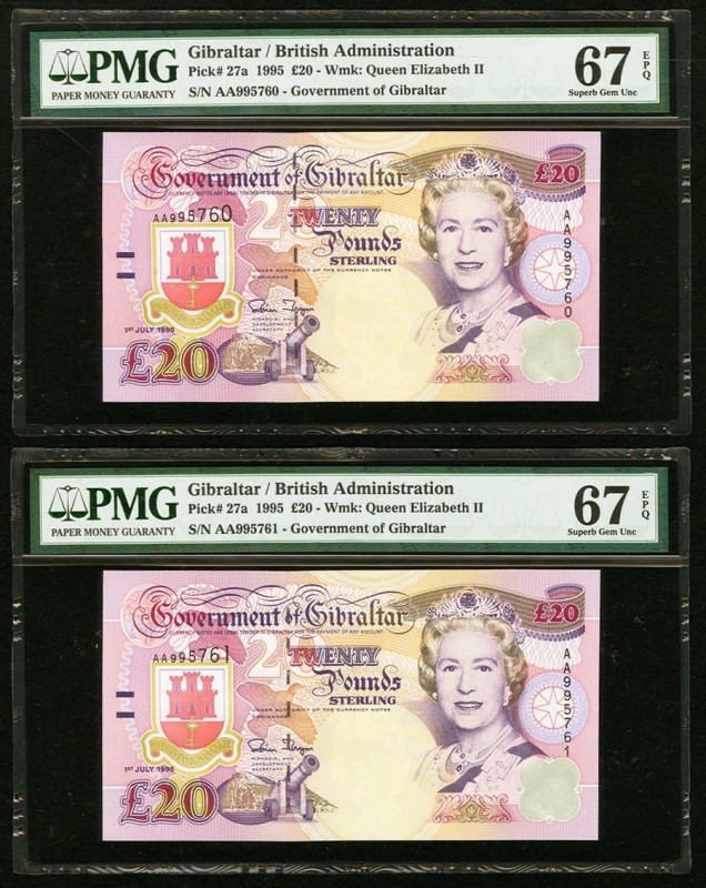 Gibraltar Government of Gibraltar 20 pounds 1.7.1995 Pick 27a Two Consecutive Ex...