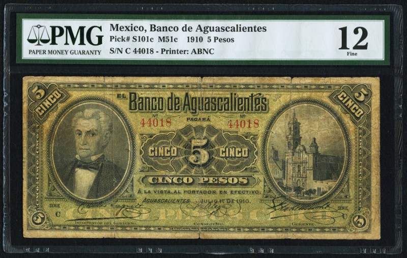 Mexico Banco De Aguascalientes 5 Pesos 1.7.1910 Pick S101c PMG Fine 12. Tape rep...