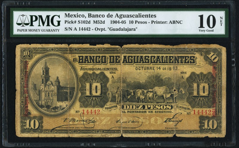 Mexico Banco De Aguascalientes 10 Pesos 1904-05 Pick S102d PMG Very Good 10 Net....