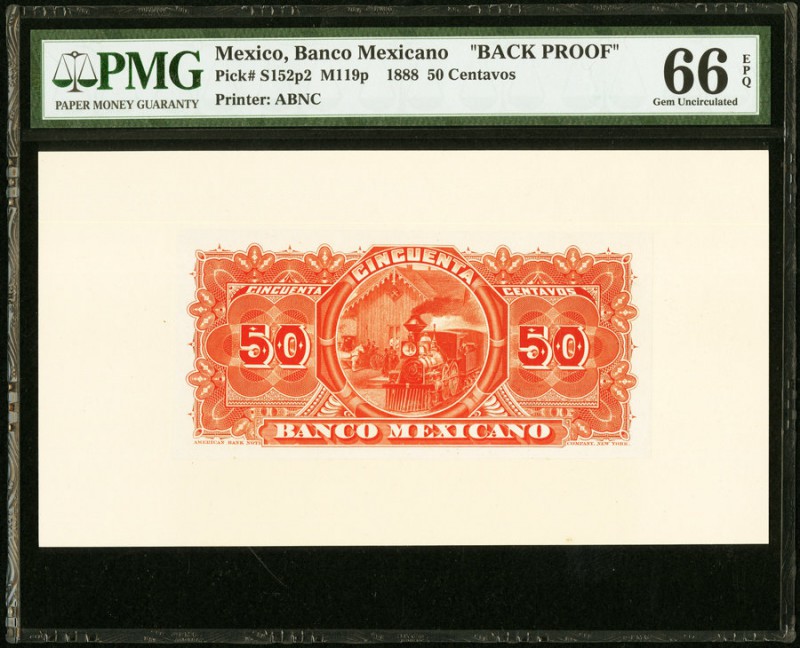 Mexico Banco Central Mexicano 50 Centavos 1888 Pick S152p2 Back Proof PMG Gem Un...