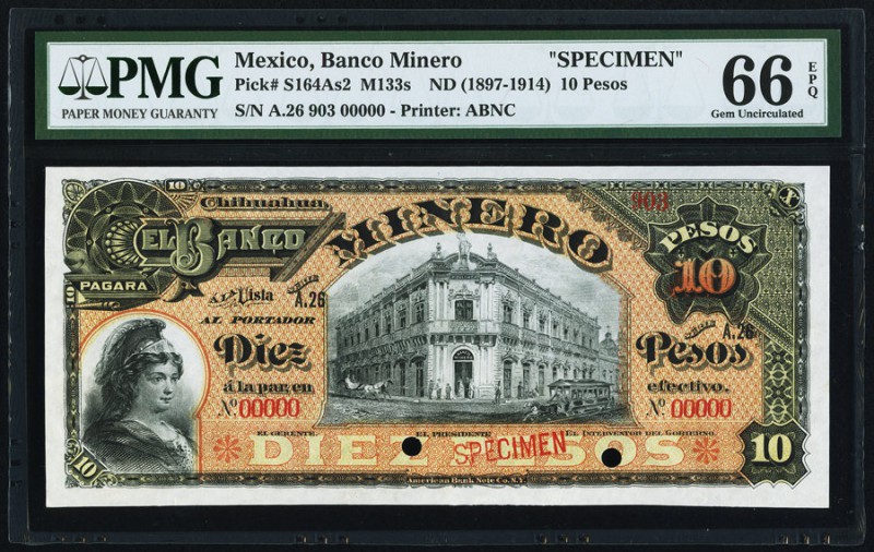 Mexico Banco Minero 10 Pesos ND (1897-1914) Pick S164As2 Specimen PMG Gem Uncirc...