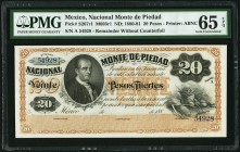 Mexico Nacional Monte de Piedad 20 Pesos ND (1880-81) Pick S267r1 Remainder PMG Gem Uncirculated 65 EPQ. 

HID09801242017
