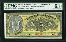 Mexico Banco de Jalisco 5 Pesos ND (1902-14) Pick S320s Specimen PMG Choice Uncirculated 63 EPQ. Two POCs.

HID09801242017