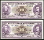 Venezuela Banco Central De Venezuela 10 Bolivares 18.6.1959 Pick 31d, Two Consecutive Examples About Uncirculated or Better. 

HID09801242017