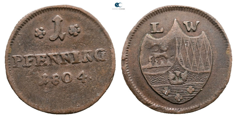 Germany. Löwenstein-Wertheim-Rochefort AD 1804. 
1 Pfennig 1804

 mm, 1,27 g...