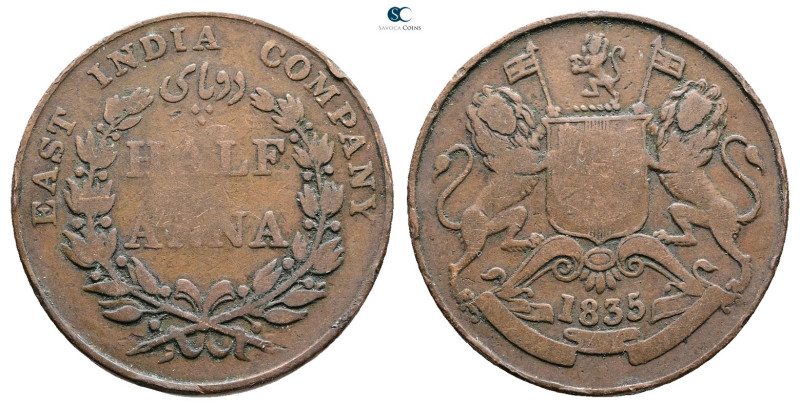 India. AD 1835. 
Half Anna 1835

 mm, 12,31 g



Nearly Very Fine