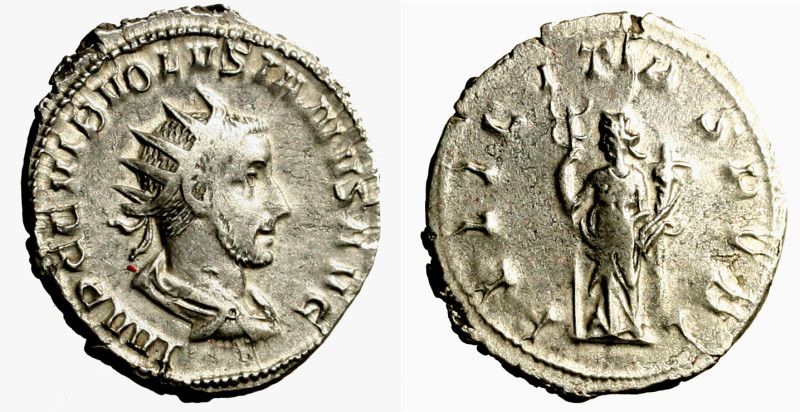 VOLUSIANO (251-253) Antoniniano. Busto rad. e drapp. a ds. R/ FELICITAS stante a...