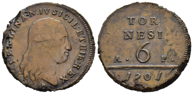 NAPOLI. Ferdinando IV di Borbone (1759-1816). 6 Tornesi 1801. Cu 15,19 g). Tonde...