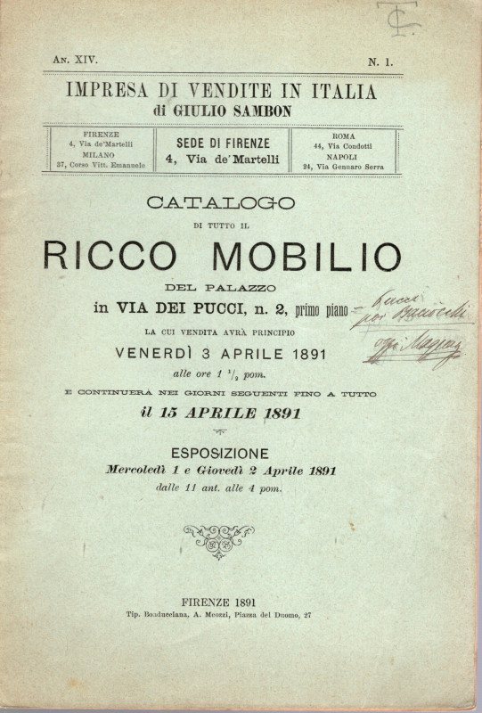 SAMBON Giulio - Firenze, 3\15 - Aprile, 1891. Catalogo di tutto il ricco mobilio...