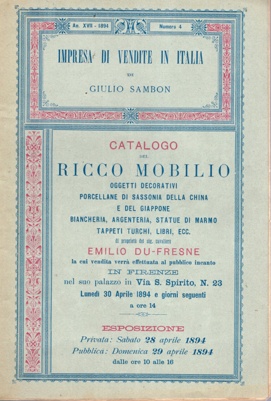 SAMBON Giulio - Firenze, 30 - Aprile, 1894. Catalogo del ricco mobilio, oggetti ...