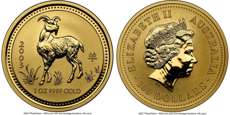 Elizabeth II gold "Year of the Goat" 100 Dollars (1 oz) 2003 MS70 NGC, KM713. HI...