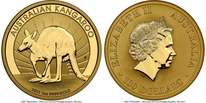 Elizabeth II gold "Kangaroo" 100 Dollars (1 oz) 2011-P MS69 NGC, Perth mint, KM1...