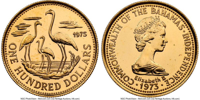 Elizabeth II gold "Independence Day" 100 Dollars 1975 MS67 NGC, KM73. Flamingos....