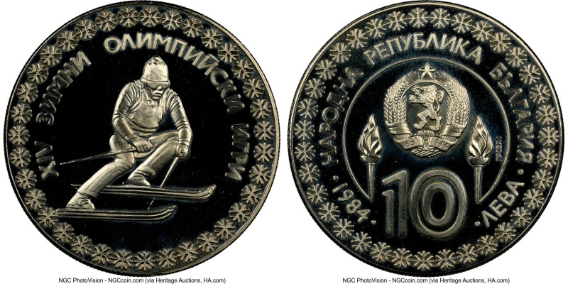 Republic copper-nickel Proof Proba "Downhill Skiing" 10 Leva 1984 PR68 Ultra Cam...