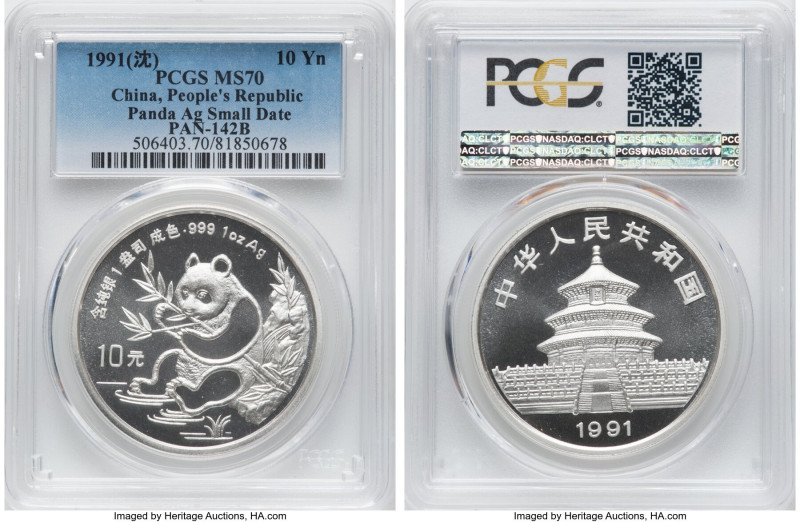 People's Republic silver "Panda" 10 Yuan (1 oz) 1991 MS70 PCGS, KM386.1, PAN-142...