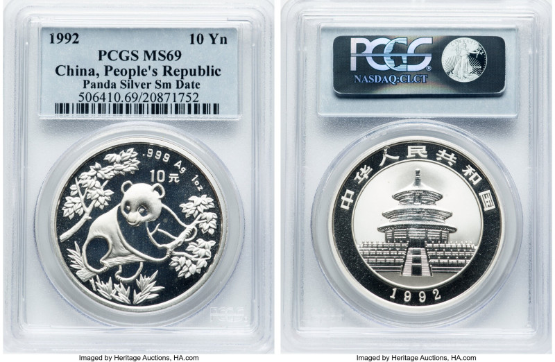 People's Republic silver "Panda" 10 Yuan 1992 MS69 PCGS, KM397, PAN-182B. Small ...